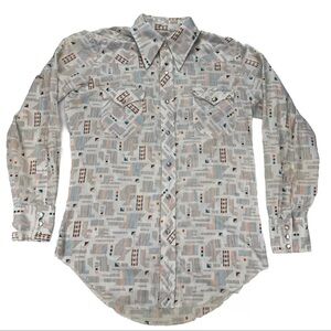 Vintage 70s Wrangler Shirt Geometric Tapered Dagger Collar Disco USA Mens Medium